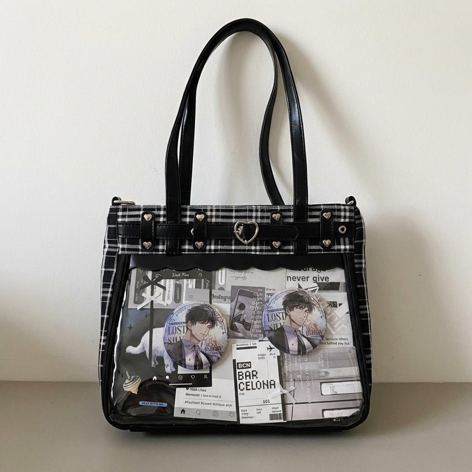 Gothic Plaid Ita Shoulder Bag with Clear Window for Pin Display Gothic Plaid Ita Shoulder Bag with Clear Window for Pin Display — crossbody ita bag detail view