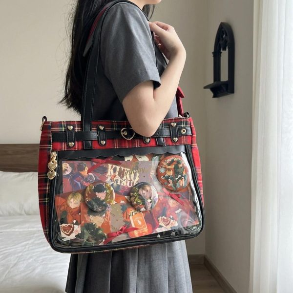 Gothic Plaid Ita Shoulder Bag with Clear Window for Pin Display — crossbody ita bag detail view