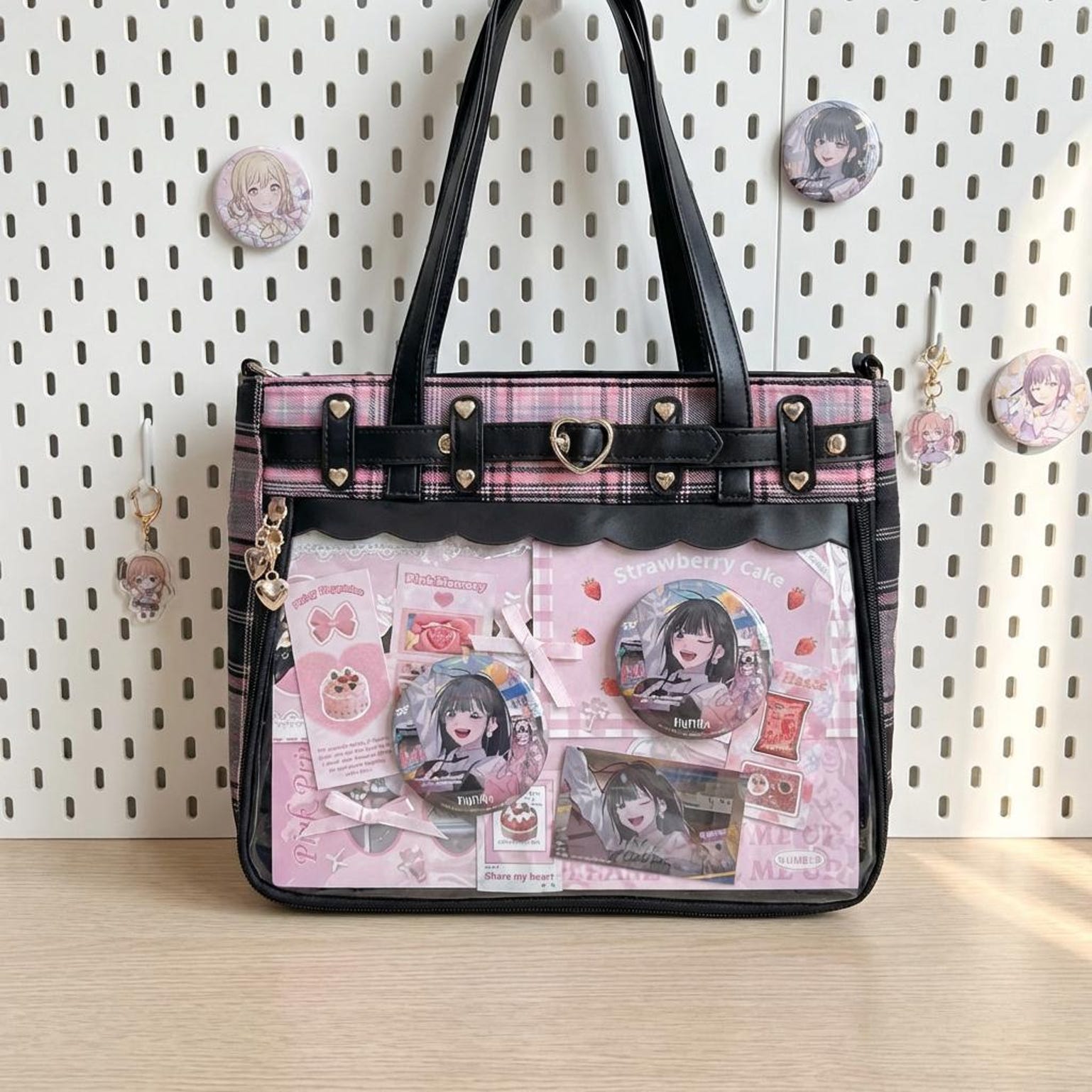 Gothic Plaid Ita Shoulder Bag with Clear Window for Pin Display Gothic Plaid Ita Shoulder Bag with Clear Window for Pin Display — crossbody ita bag detail view