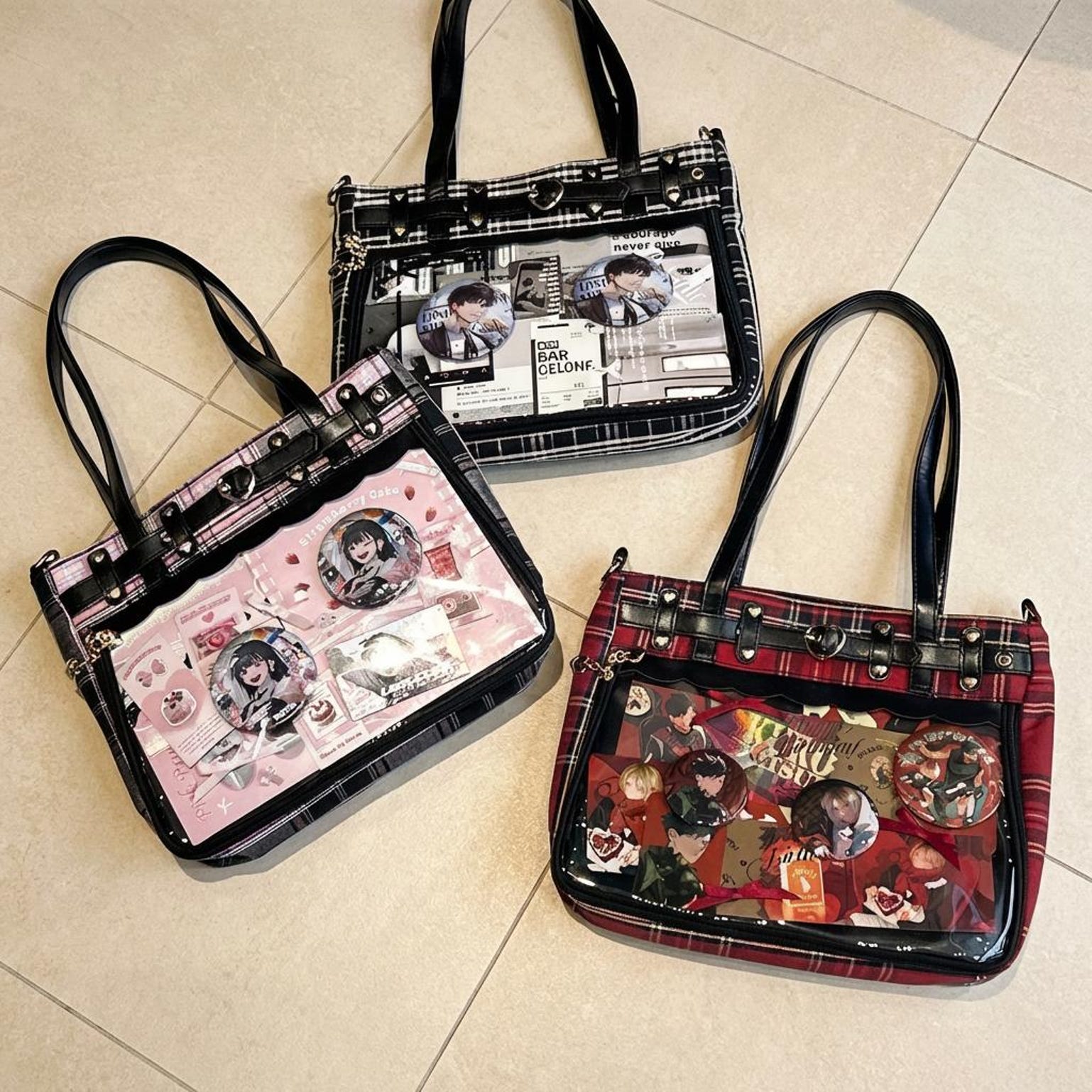 Gothic Plaid Ita Shoulder Bag with Clear Window for Pin Display Gothic Plaid Ita Shoulder Bag with Clear Window for Pin Display — crossbody ita bag detail view