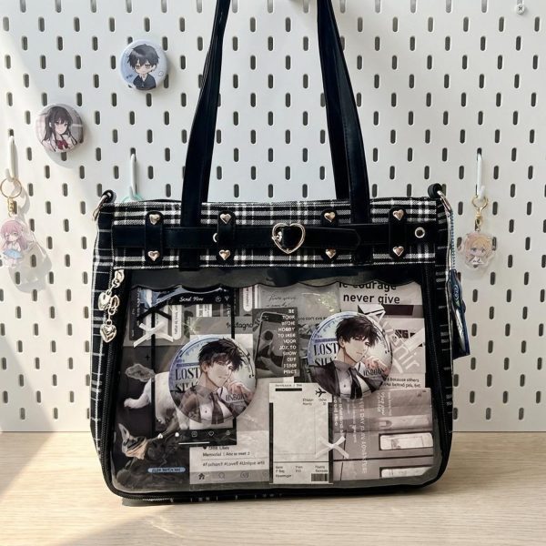 Gothic Plaid Ita Shoulder Bag with Clear Window for Pin Display — crossbody ita bag with clear display window
