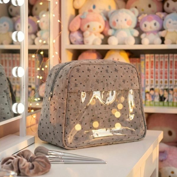 Gray Kawaii Convertible Ita Bag with Clear Window for Pin Display — ita bag detail view