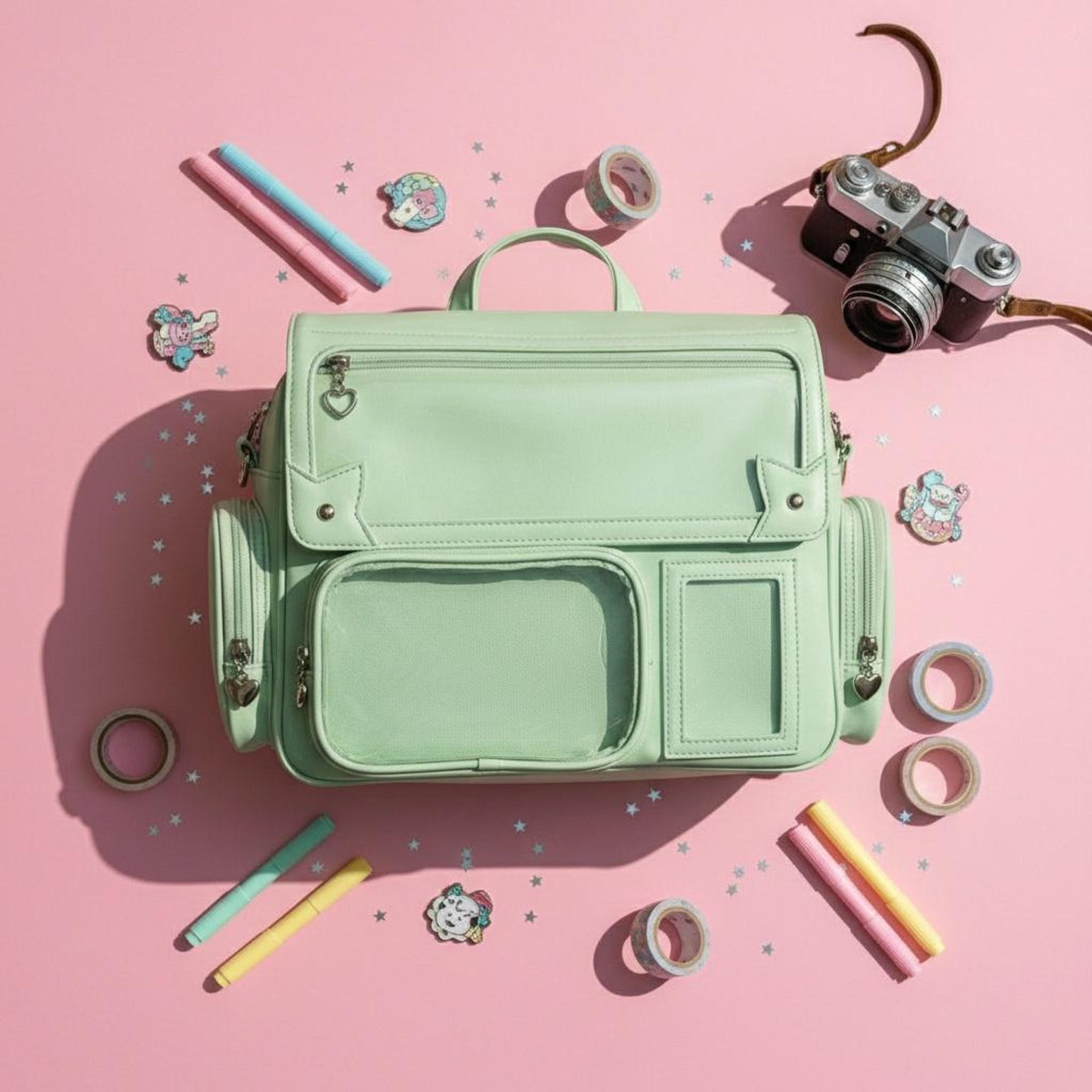 Green Kawaii Convertible Ita Bag with Clear Window for Pin Display Green Kawaii Convertible Ita Bag with Clear Window for Pin Display — ita bag with clear display window