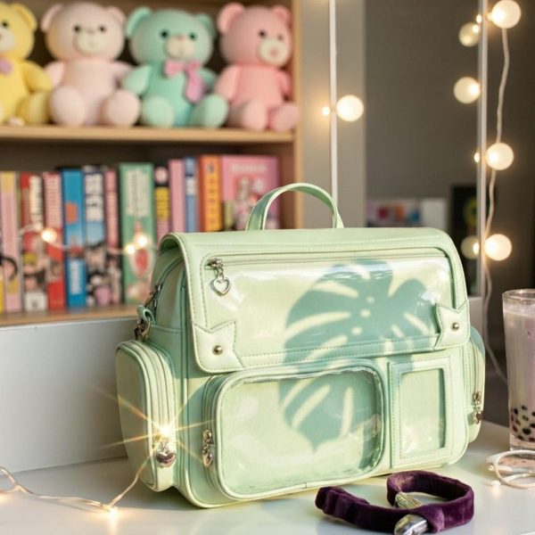 Green Kawaii Convertible Ita Bag with Clear Window for Pin Display — ita bag detail view