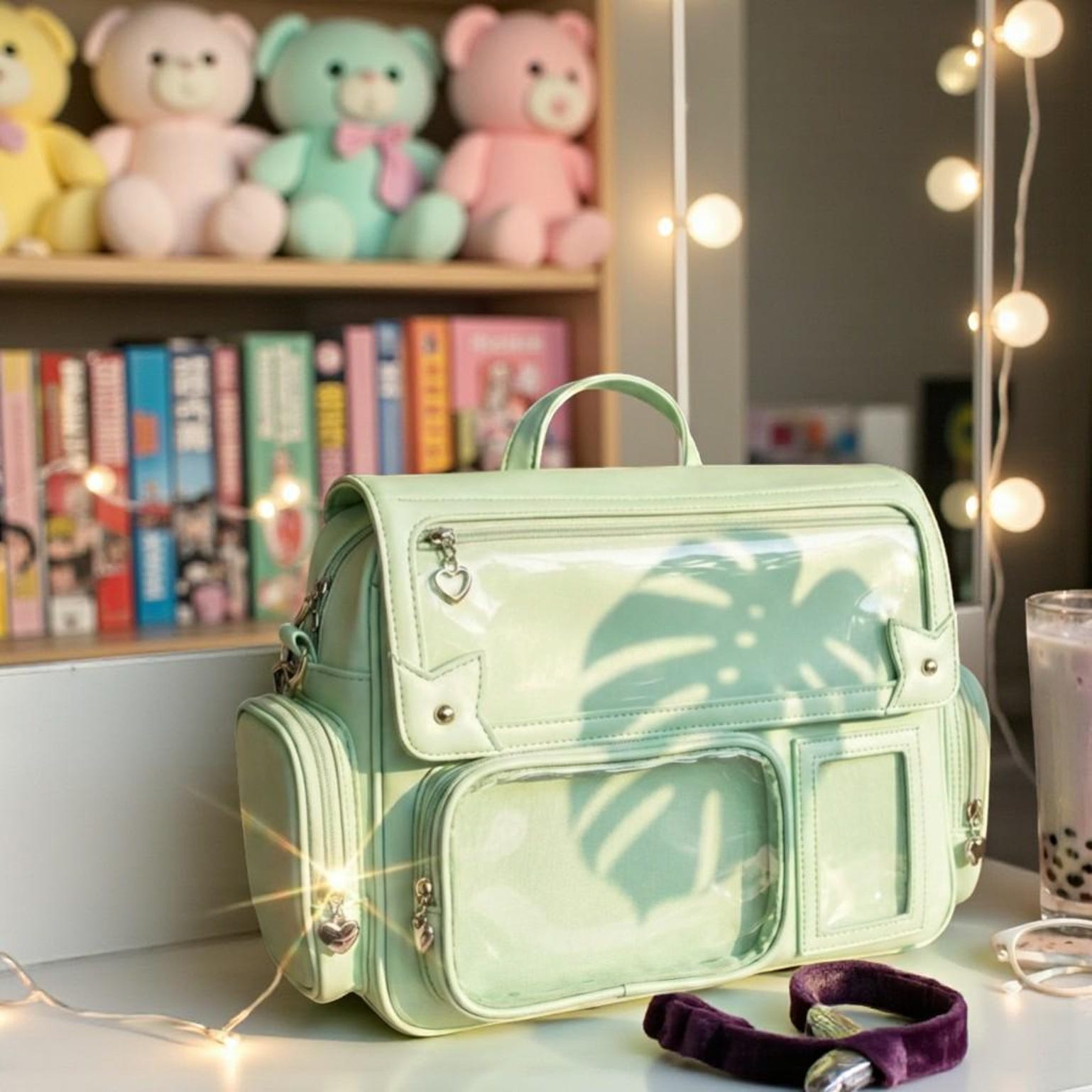 Green Kawaii Convertible Ita Bag with Clear Window for Pin Display Green Kawaii Convertible Ita Bag with Clear Window for Pin Display — ita bag detail view
