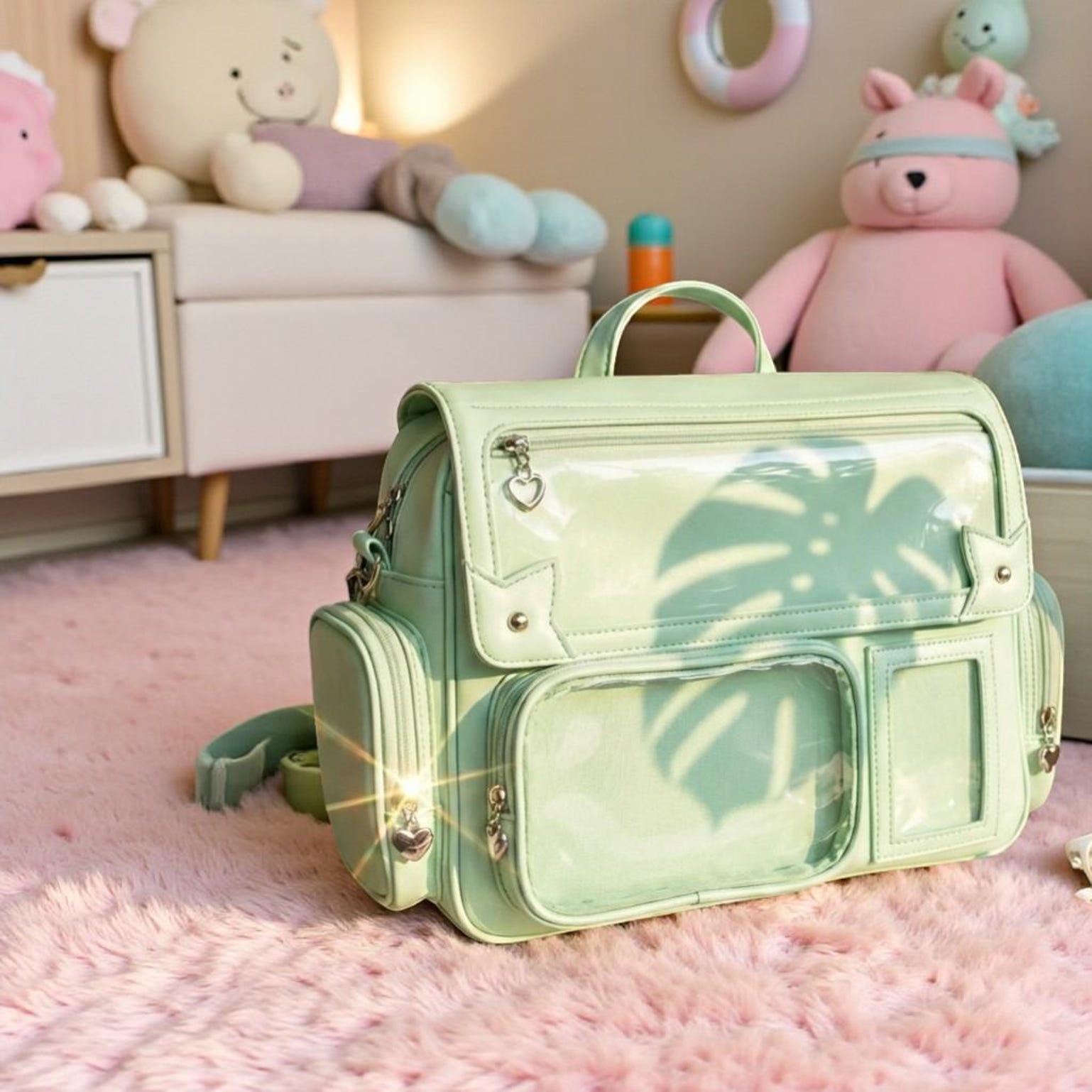 Green Kawaii Convertible Ita Bag with Clear Window for Pin Display Green Kawaii Convertible Ita Bag with Clear Window for Pin Display — ita bag detail view