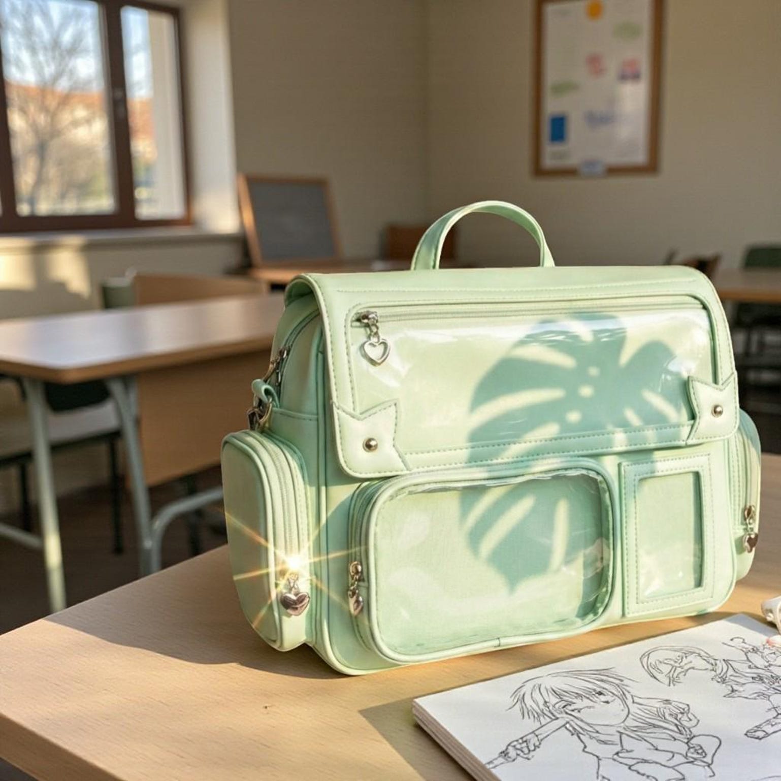 Green Kawaii Convertible Ita Bag with Clear Window for Pin Display Green Kawaii Convertible Ita Bag with Clear Window for Pin Display — ita bag detail view