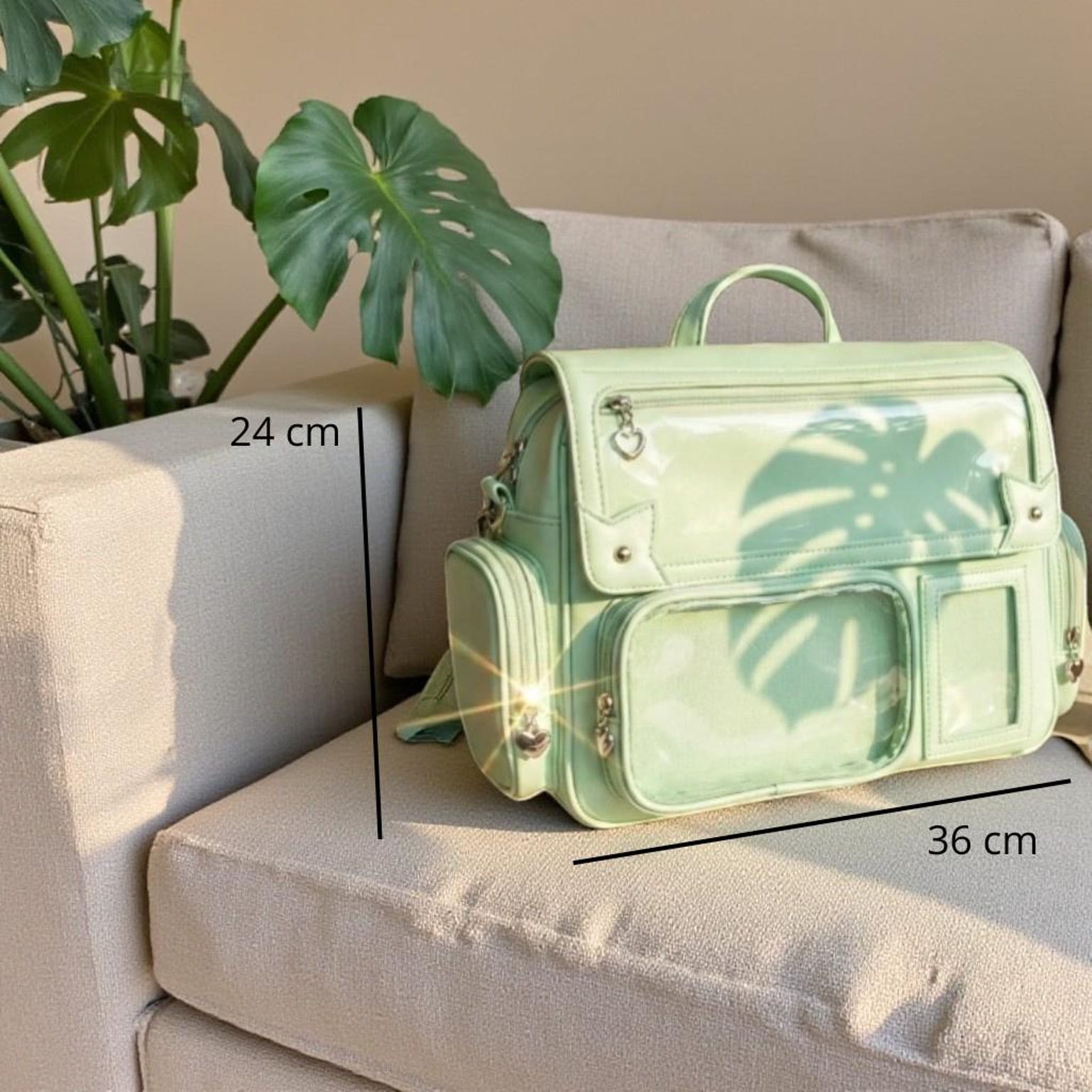 Green Kawaii Convertible Ita Bag with Clear Window for Pin Display Green Kawaii Convertible Ita Bag with Clear Window for Pin Display — ita bag detail view
