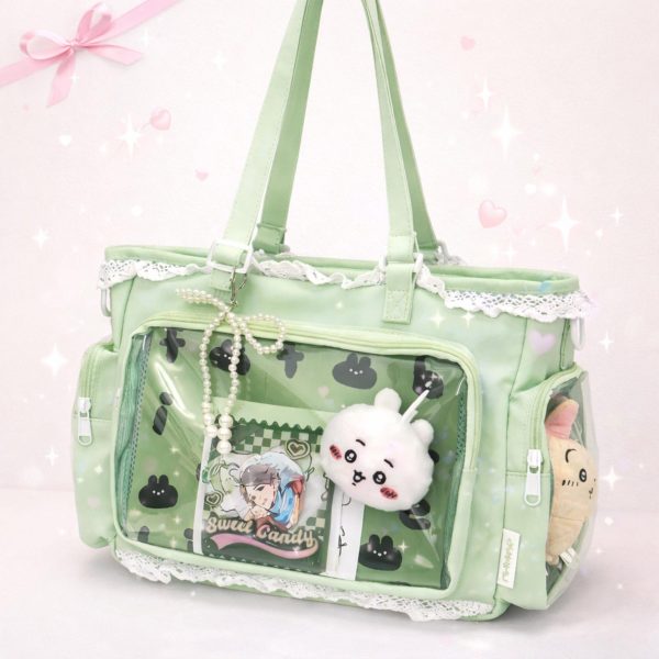 Green Kawaii Ita Shoulder Bag with Clear Window for Plushies and Pins — crossbody ita bag detail view