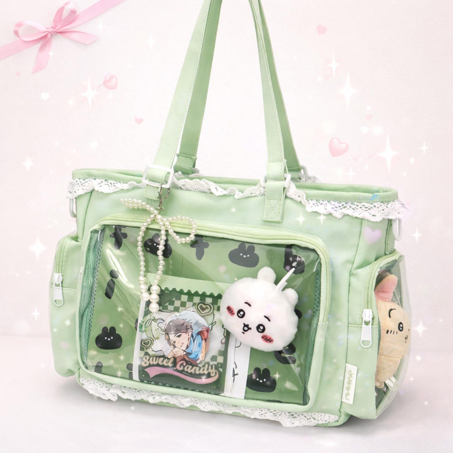Green Kawaii Ita Shoulder Bag with Clear Window for Plushies and Pins Green Kawaii Ita Shoulder Bag with Clear Window for Plushies and Pins — crossbody ita bag detail view