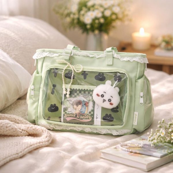 Green Kawaii Ita Shoulder Bag with Clear Window for Plushies and Pins — crossbody ita bag detail view