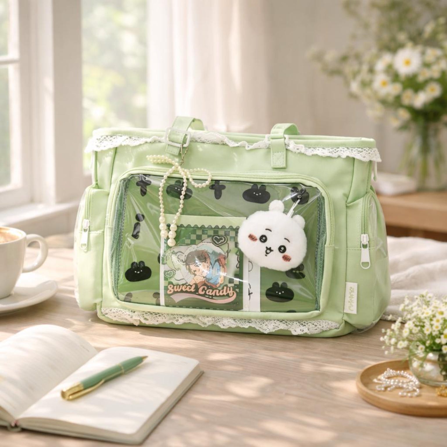 Green Kawaii Ita Shoulder Bag with Clear Window for Plushies and Pins Green Kawaii Ita Shoulder Bag with Clear Window for Plushies and Pins — crossbody ita bag detail view