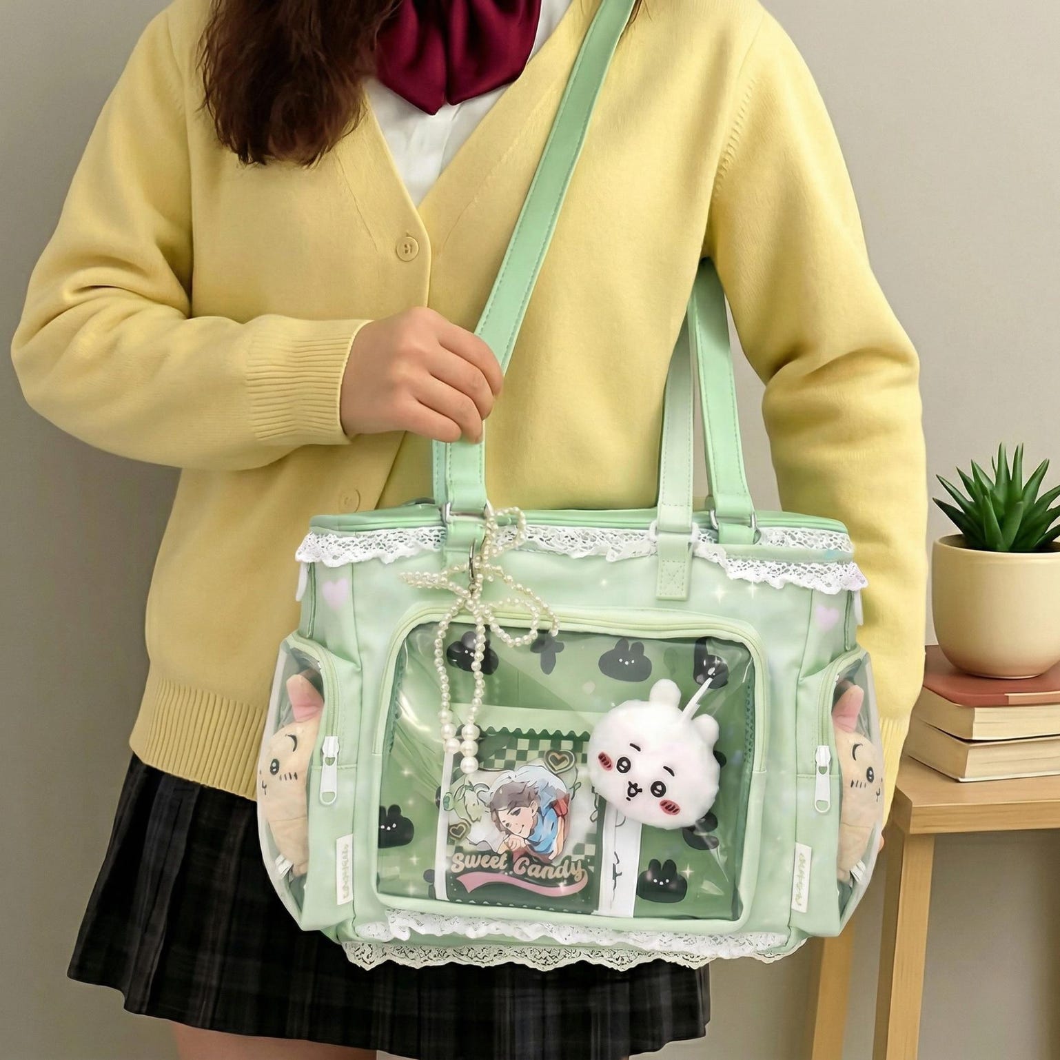 Green Kawaii Ita Shoulder Bag with Clear Window for Plushies and Pins Green Kawaii Ita Shoulder Bag with Clear Window for Plushies and Pins — crossbody ita bag with clear display window