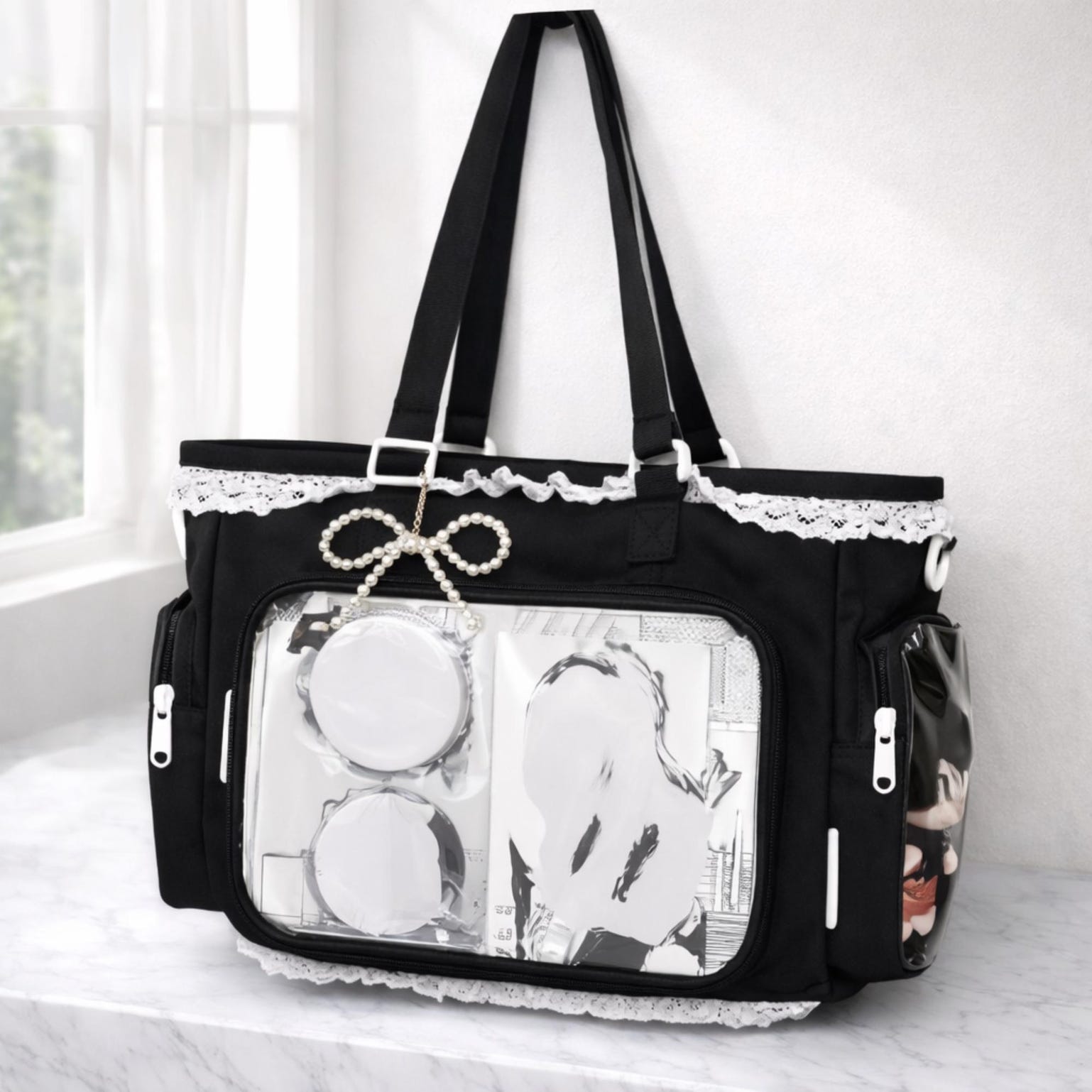 Green Kawaii Ita Shoulder Bag with Clear Window for Plushies and Pins Green Kawaii Ita Shoulder Bag with Clear Window for Plushies and Pins — crossbody ita bag detail view