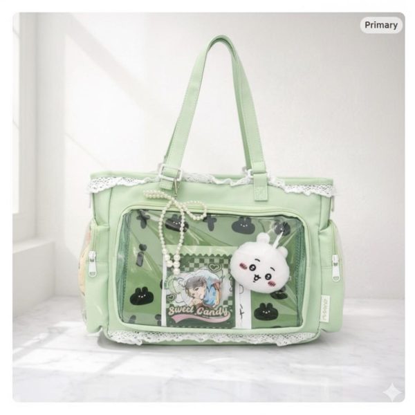 Green Kawaii Ita Shoulder Bag with Clear Window for Plushies and Pins — crossbody ita bag detail view