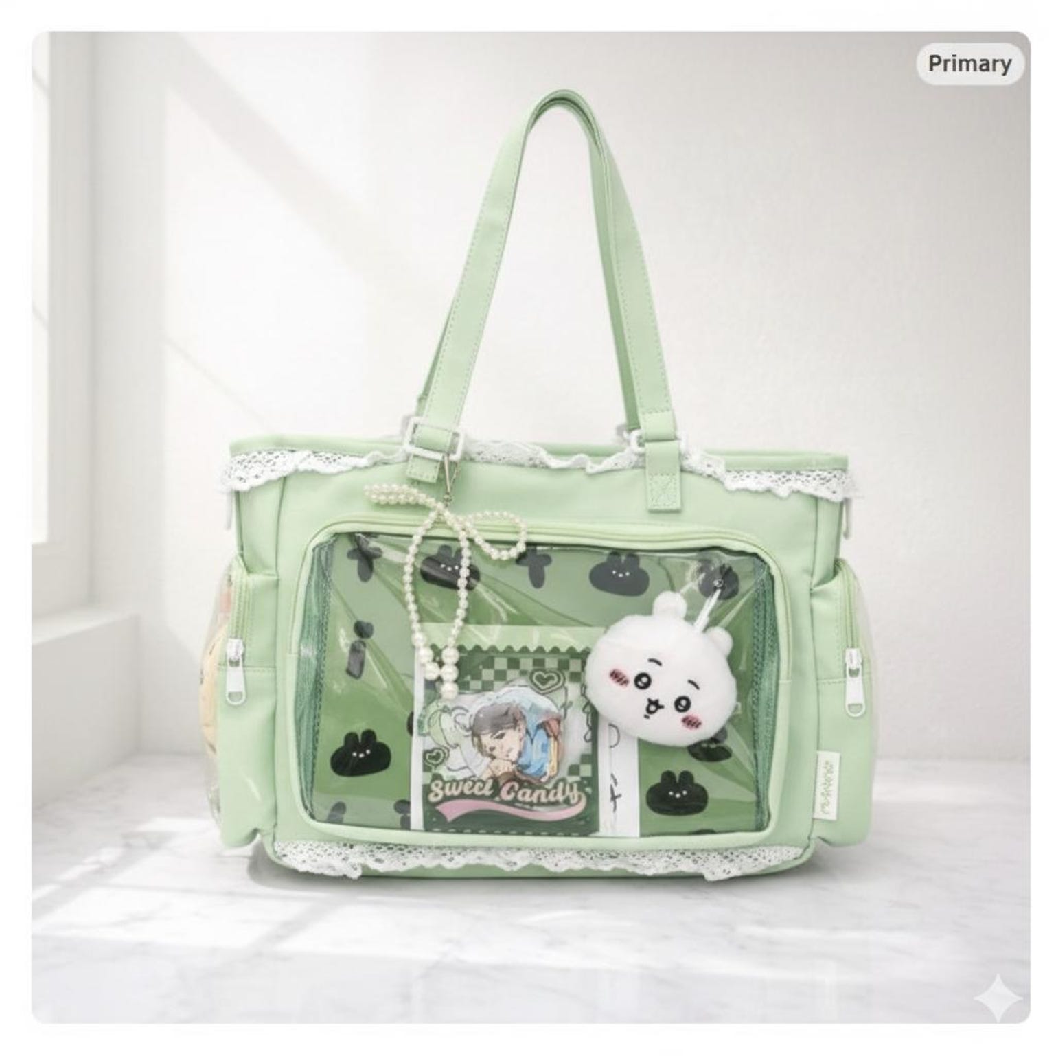 Green Kawaii Ita Shoulder Bag with Clear Window for Plushies and Pins Green Kawaii Ita Shoulder Bag with Clear Window for Plushies and Pins — crossbody ita bag detail view