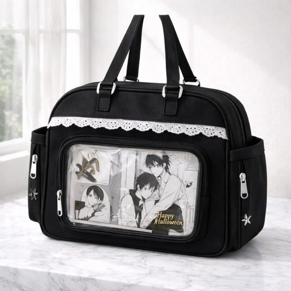 Green Kawaii Ita Shoulder Bag with Clear Window for Plushies and Pins — crossbody ita bag detail view