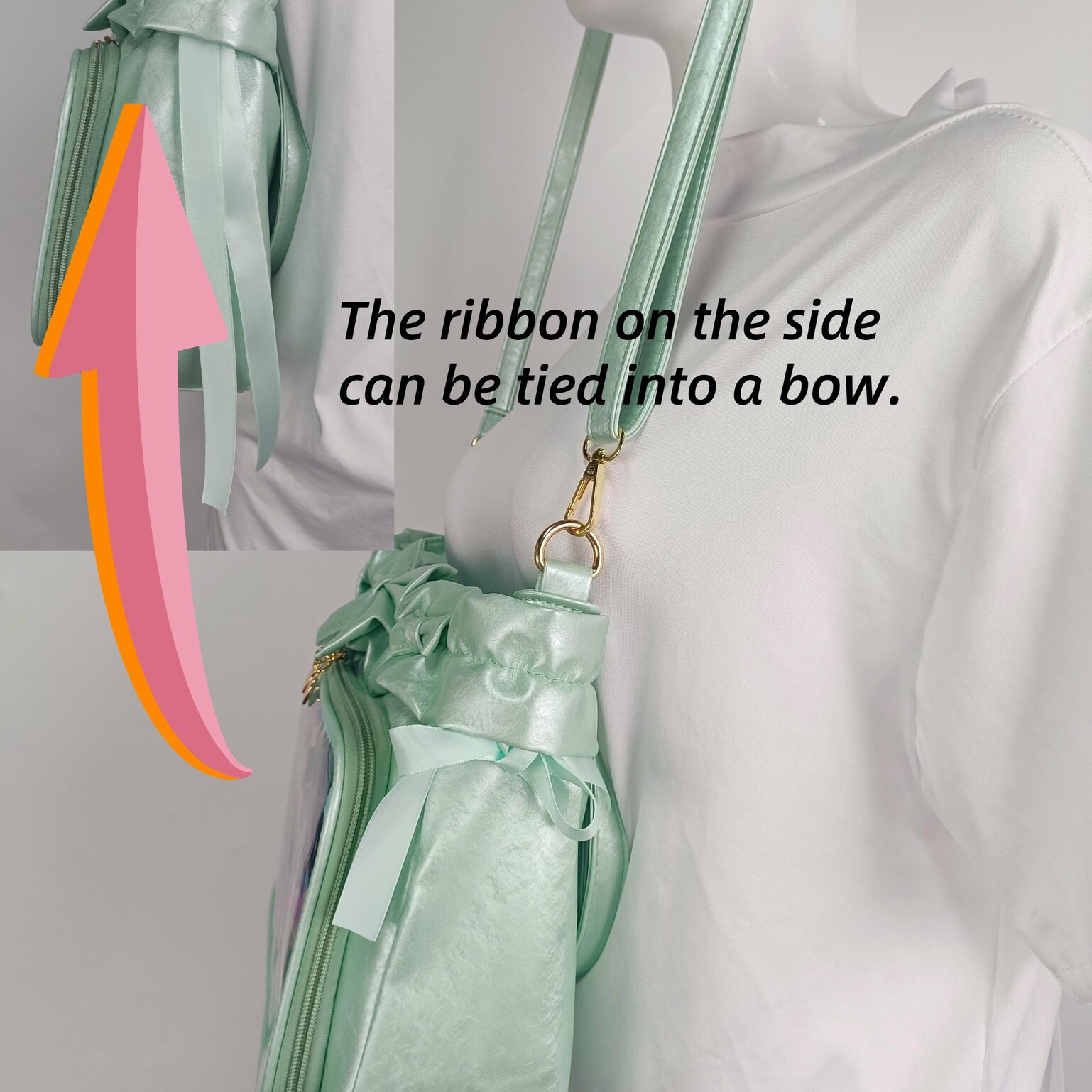 Green Ribbon Ita Crossbody Bag with Clear Window and Included Insert for Pin Display Green Ribbon Ita Crossbody Bag with Clear Window and Included Insert for Pin Display — crossbody ita bag detail view