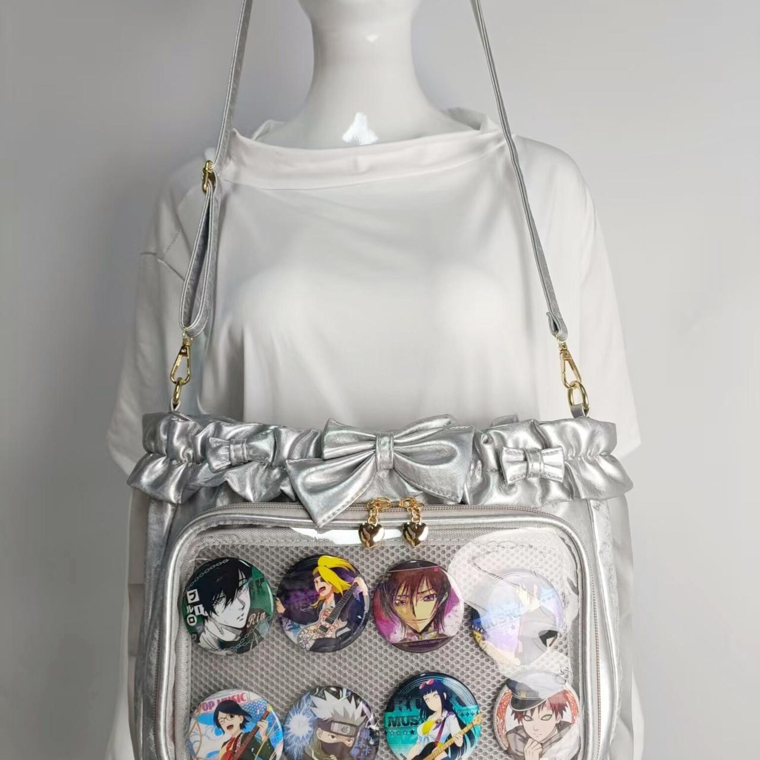 Green Ribbon Ita Crossbody Bag with Clear Window and Included Insert for Pin Display Green Ribbon Ita Crossbody Bag with Clear Window and Included Insert for Pin Display — crossbody ita bag detail view