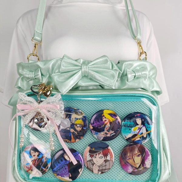 Green Ribbon Ita Crossbody Bag with Clear Window and Included Insert for Pin Display — crossbody ita bag detail view