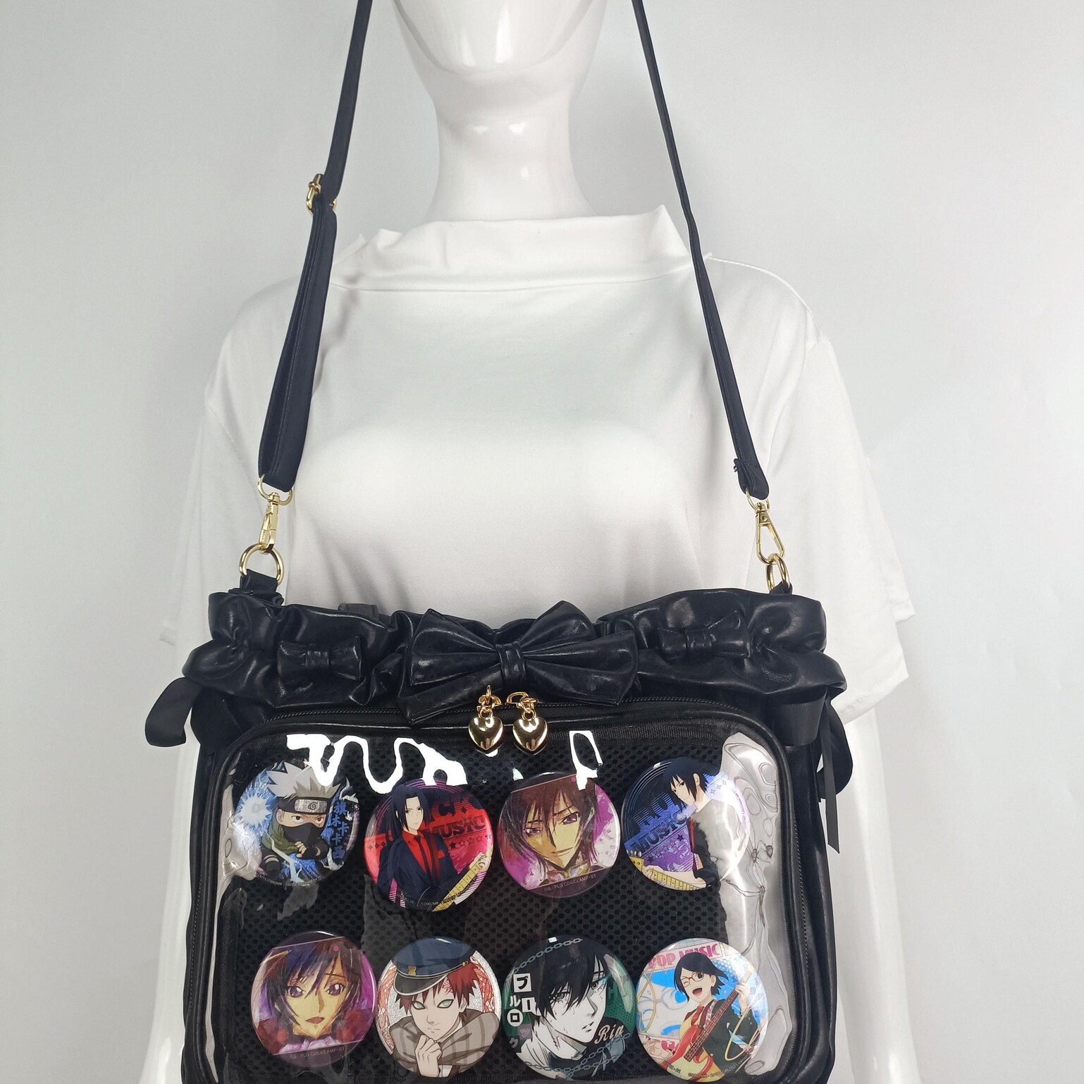Green Ribbon Ita Crossbody Bag with Clear Window and Included Insert for Pin Display Green Ribbon Ita Crossbody Bag with Clear Window and Included Insert for Pin Display — crossbody ita bag detail view