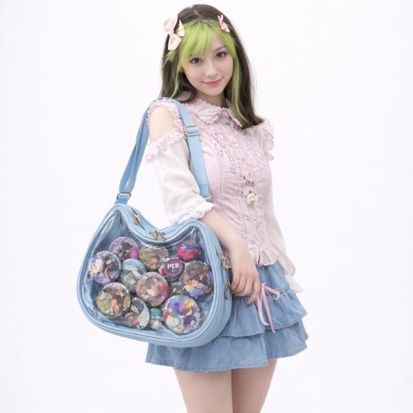 Ita Shoulder Bag with Clear Window for Pin Display — crossbody ita bag detail view