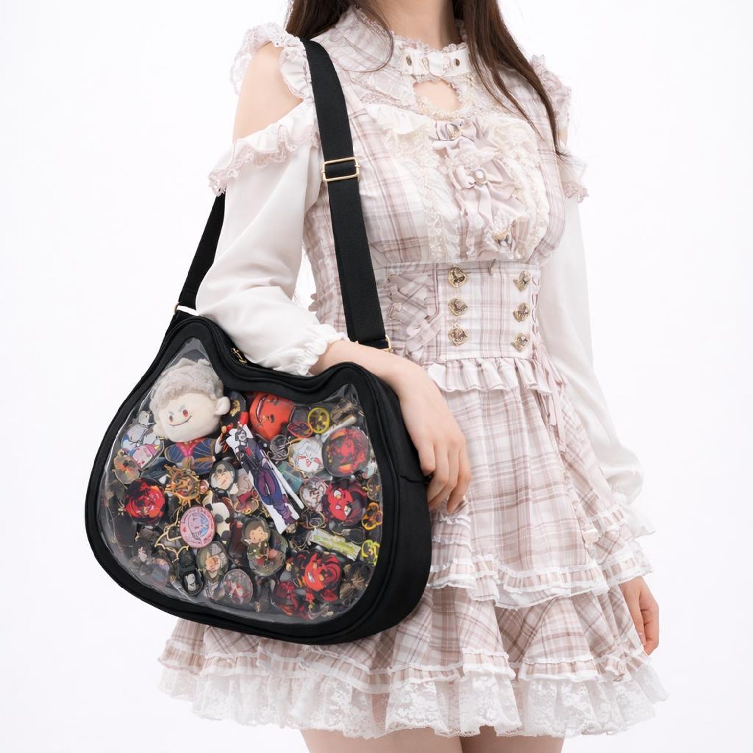 Ita Shoulder Bag with Clear Window for Pin Display Ita Shoulder Bag with Clear Window for Pin Display — crossbody ita bag detail view