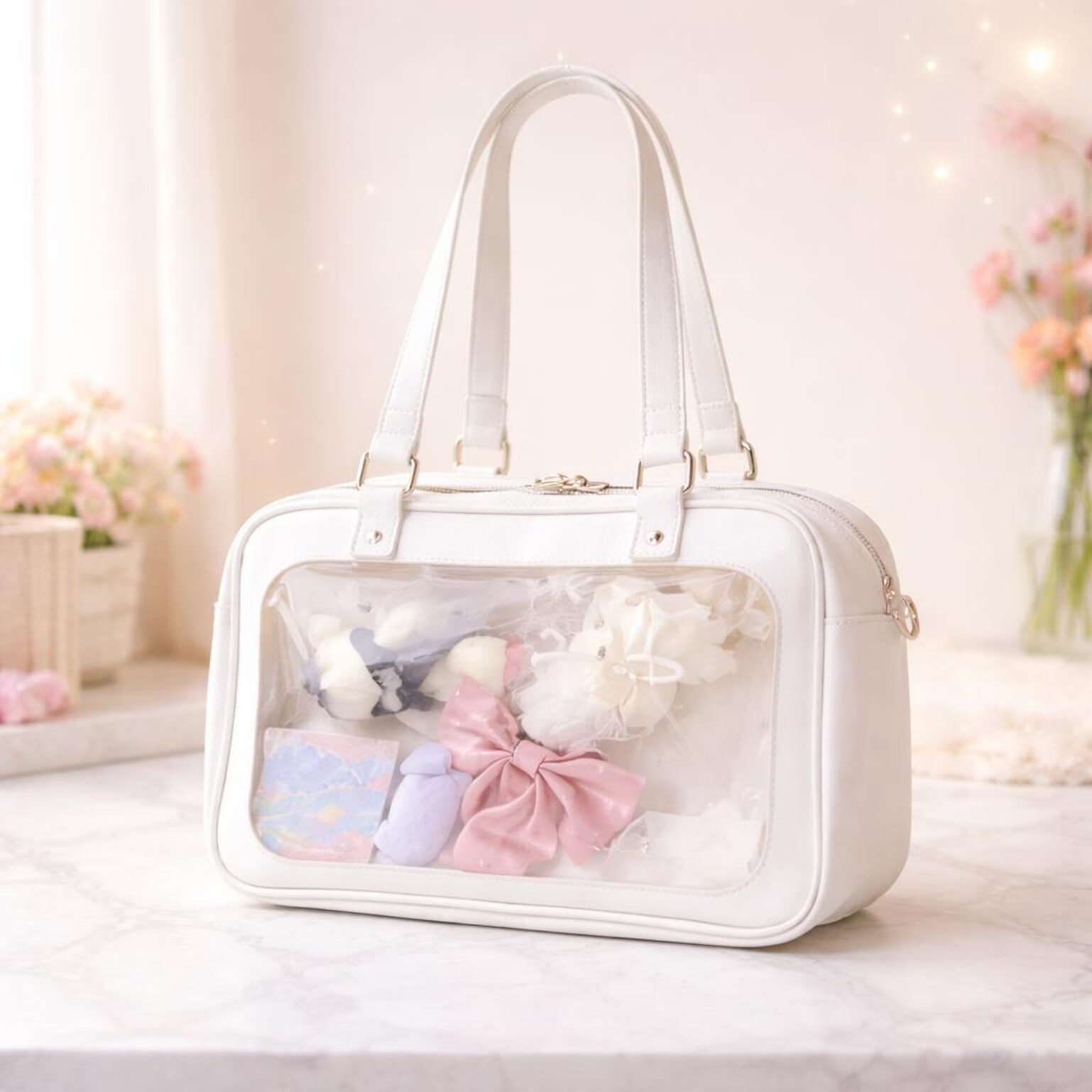 Ita Shoulder Bag with Clear Window for Plushies and Pins Ita Shoulder Bag with Clear Window for Plushies and Pins — crossbody ita bag detail view
