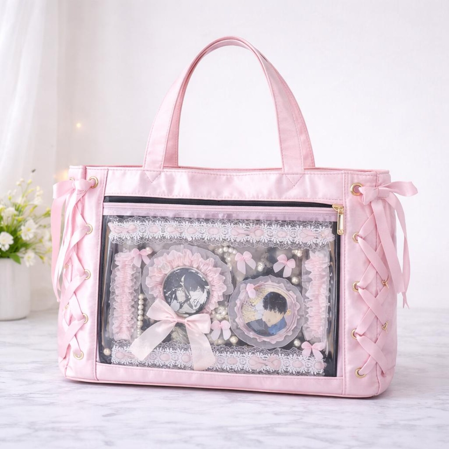 Ita Shoulder Bag with Clear Window for Plushies and Pins Ita Shoulder Bag with Clear Window for Plushies and Pins — crossbody ita bag detail view