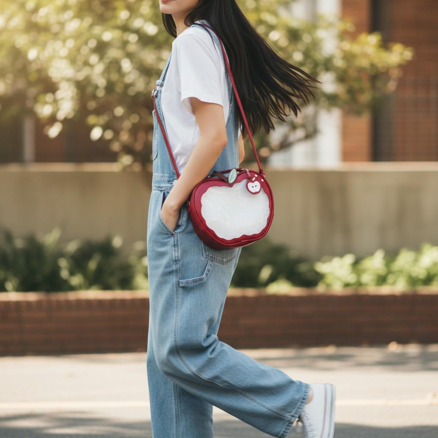 Kawaii Apple Convertible Ita Bag for Pin Display Kawaii Apple Convertible Ita Bag for Pin Display — ita bag detail view