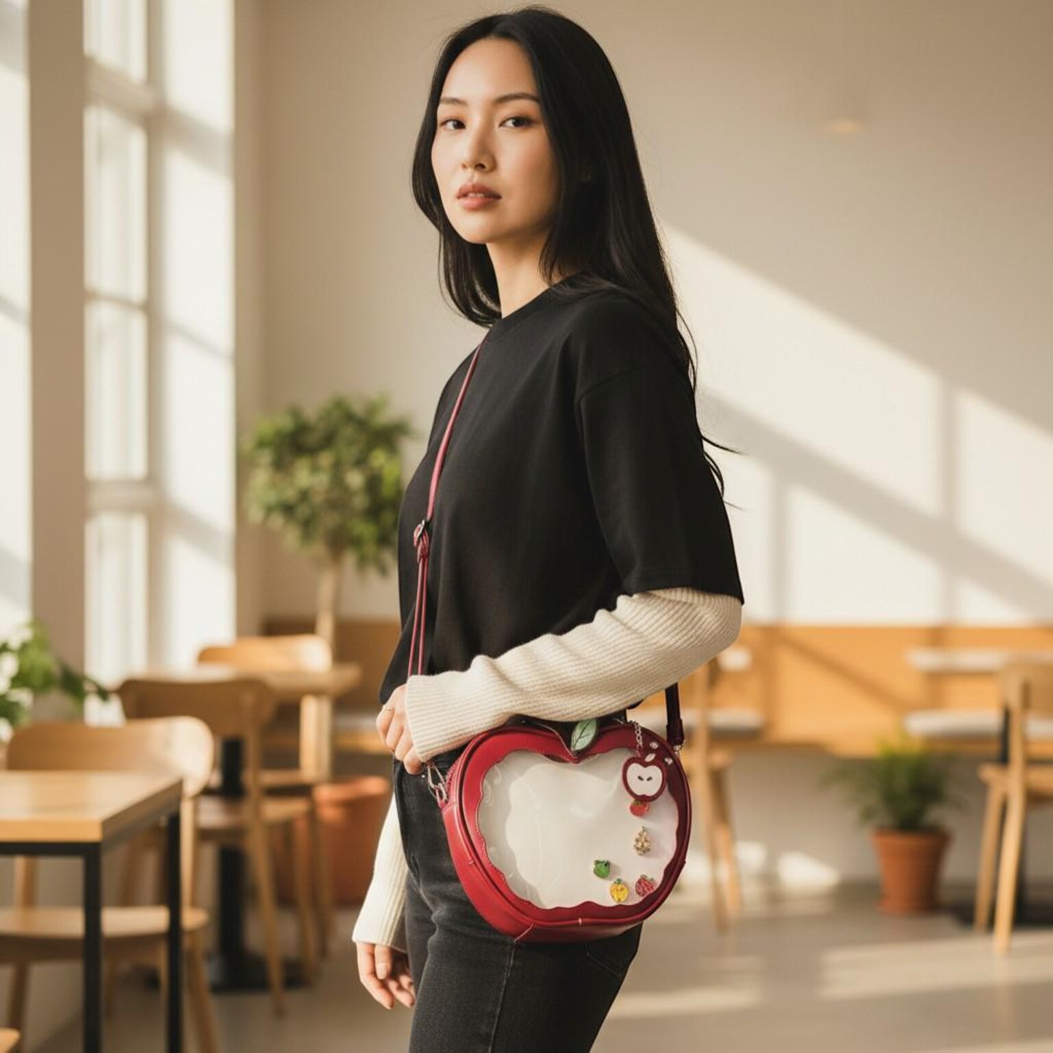 Kawaii Apple Convertible Ita Bag for Pin Display Kawaii Apple Convertible Ita Bag for Pin Display — ita bag detail view