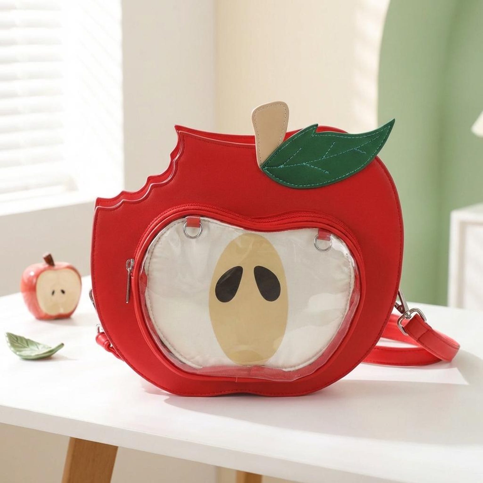 Kawaii Apple Convertible Ita Bag with Clear Window for Plushies and Pins Kawaii Apple Convertible Ita Bag with Clear Window for Plushies and Pins — ita bag with clear display window