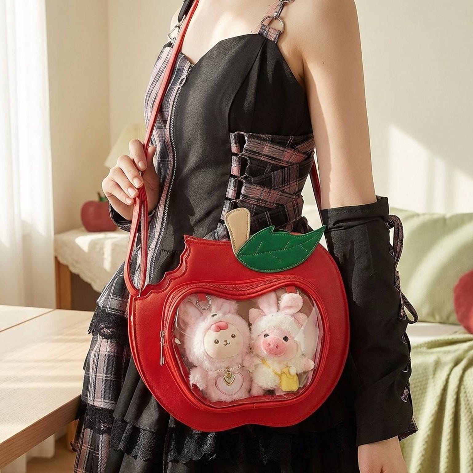 Kawaii Apple Convertible Ita Bag with Clear Window for Plushies and Pins Kawaii Apple Convertible Ita Bag with Clear Window for Plushies and Pins — ita bag detail view