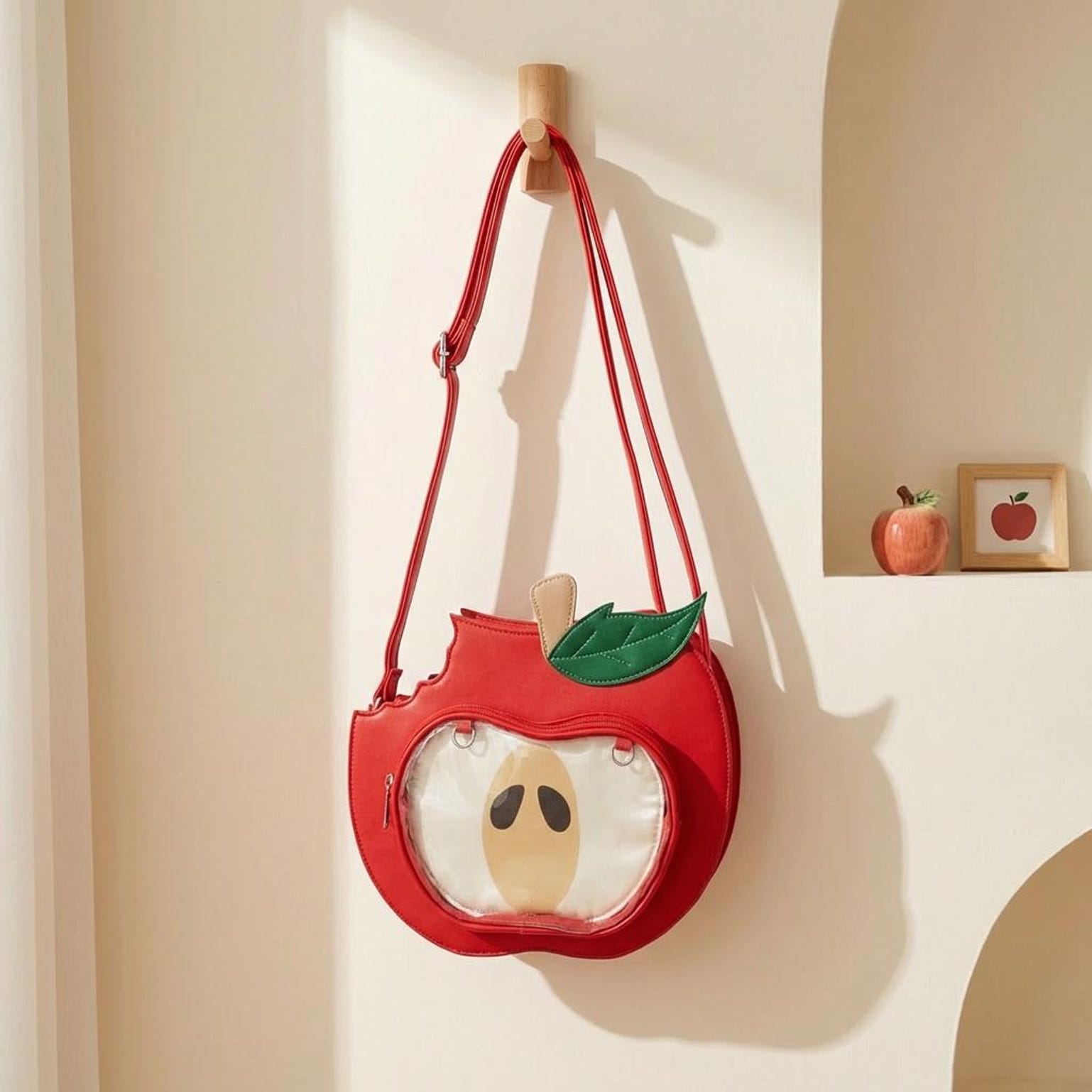Kawaii Apple Convertible Ita Bag with Clear Window for Plushies and Pins Kawaii Apple Convertible Ita Bag with Clear Window for Plushies and Pins — ita bag detail view