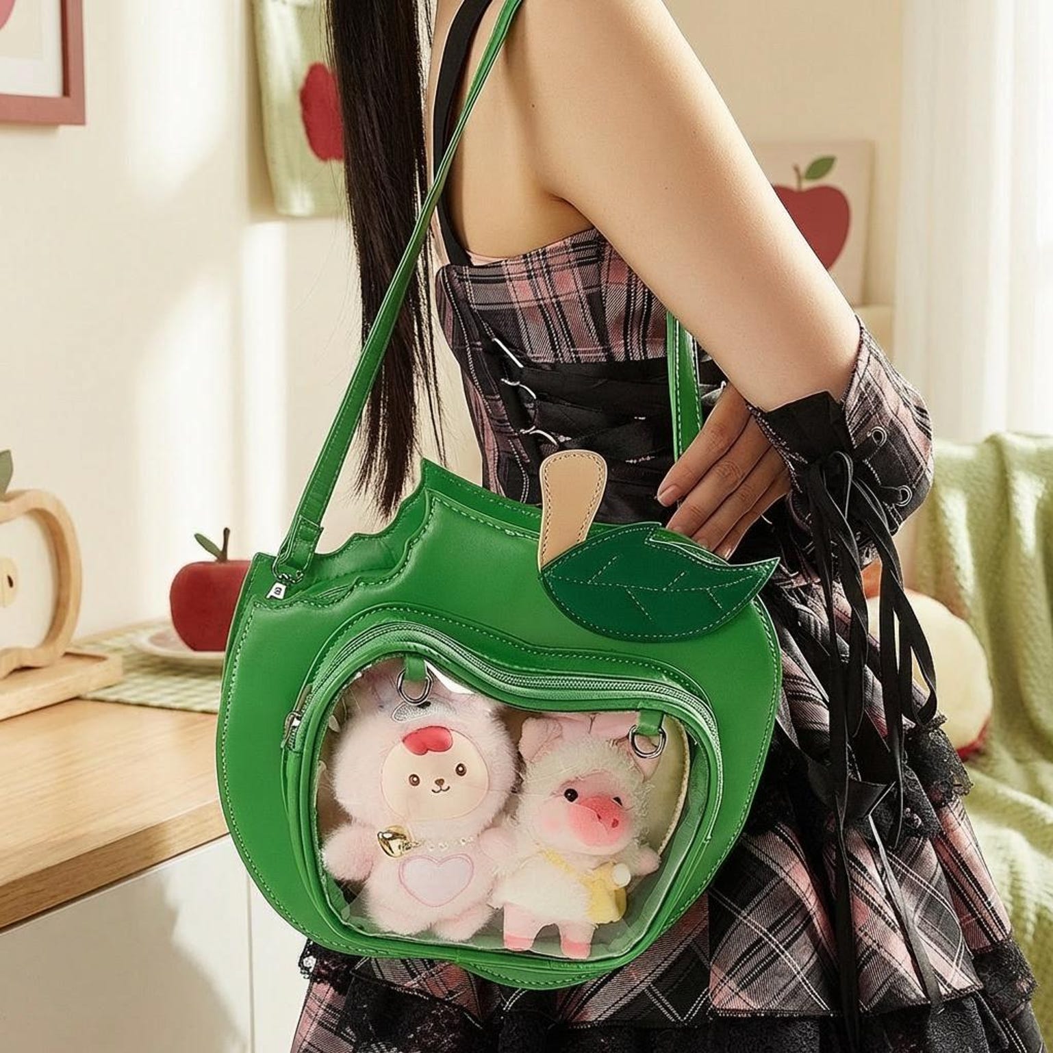 Kawaii Apple Convertible Ita Bag with Clear Window for Plushies and Pins Kawaii Apple Convertible Ita Bag with Clear Window for Plushies and Pins — ita bag detail view