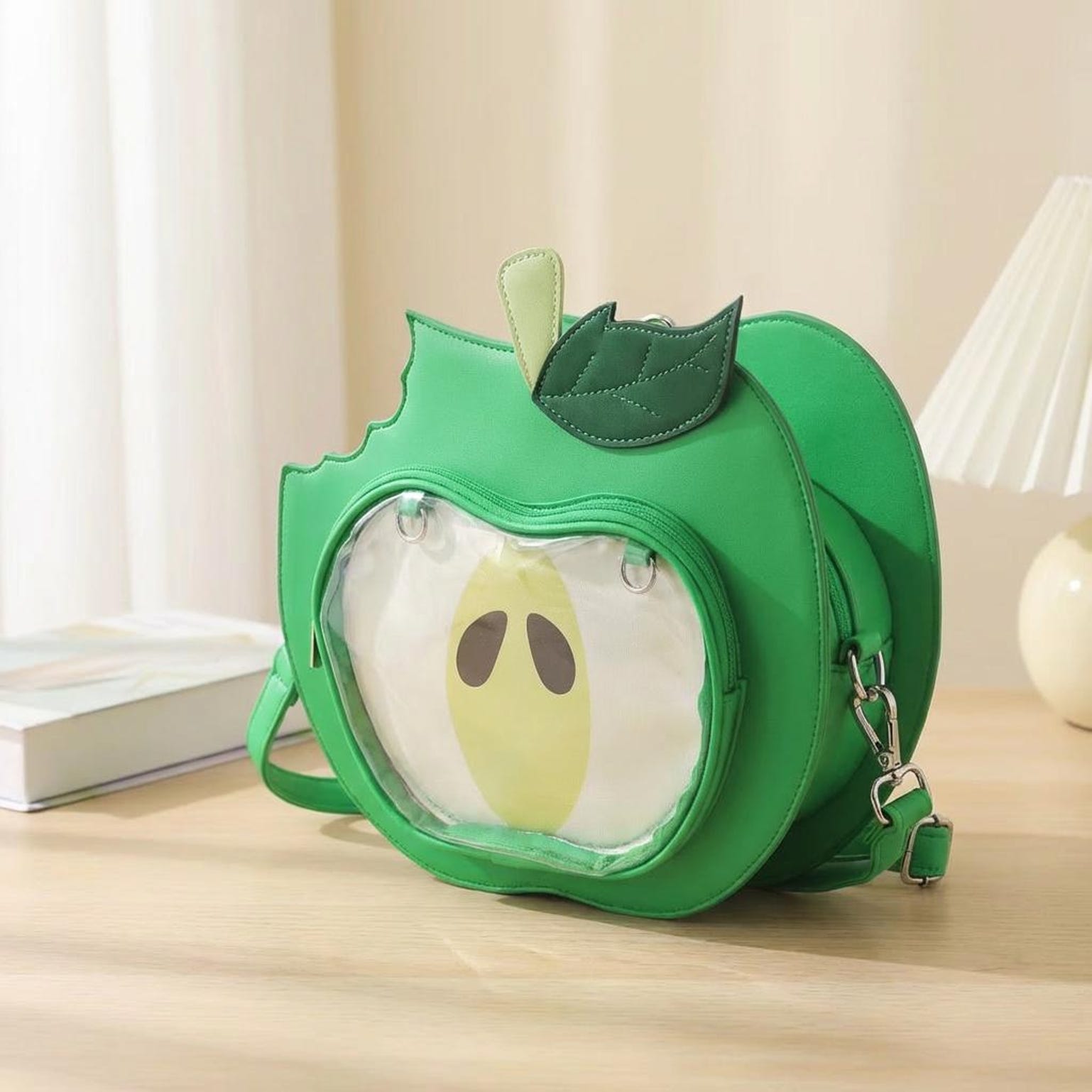 Kawaii Apple Convertible Ita Bag with Clear Window for Plushies and Pins Kawaii Apple Convertible Ita Bag with Clear Window for Plushies and Pins — ita bag detail view