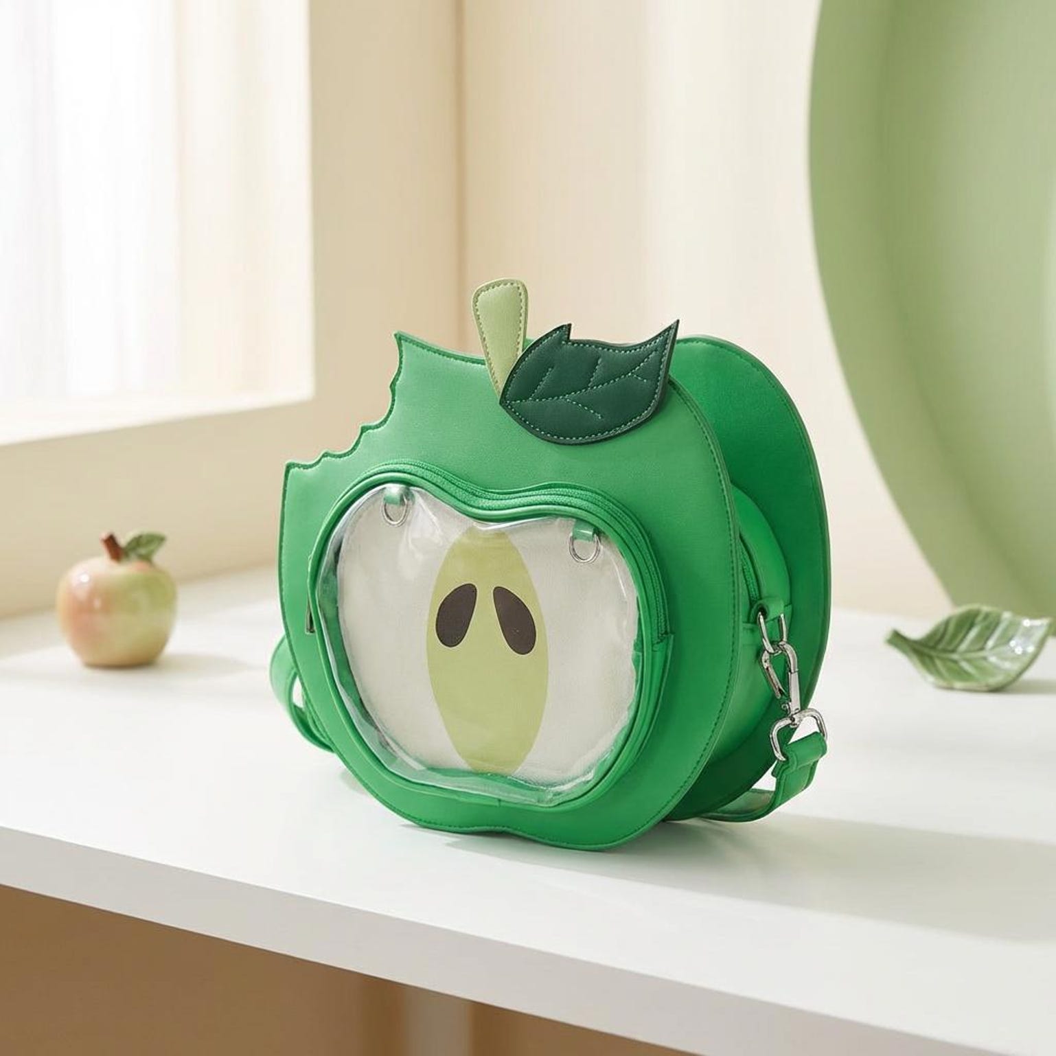 Kawaii Apple Convertible Ita Bag with Clear Window for Plushies and Pins Kawaii Apple Convertible Ita Bag with Clear Window for Plushies and Pins — ita bag detail view