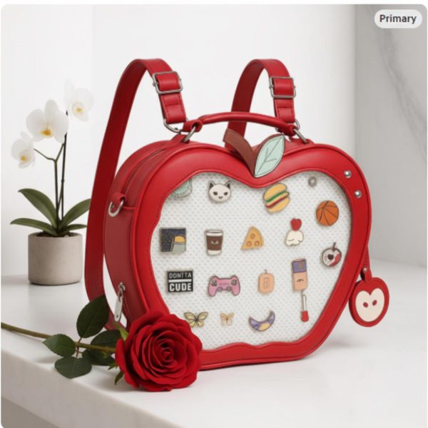 Kawaii Apple Ita Backpack with Clear Window for Plushies and Pins — ita backpack detail view