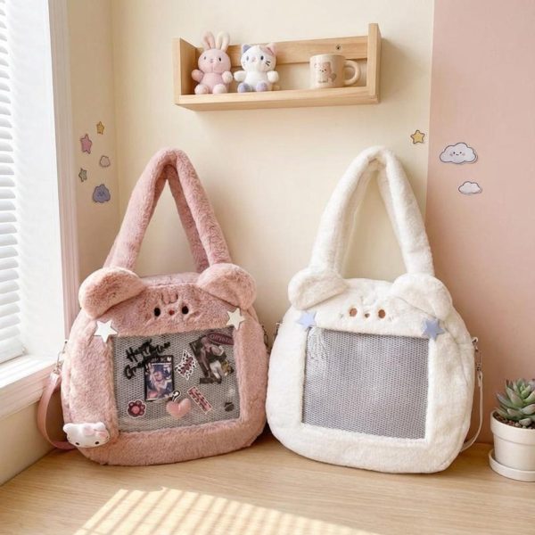 Kawaii Bunny Ita Shoulder Bag for Plushies and Pins — crossbody ita bag detail view
