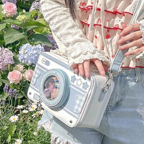 Kawaii Camera Convertible Ita Bag with Clear Window for Photocards and Pins — ita bag detail view