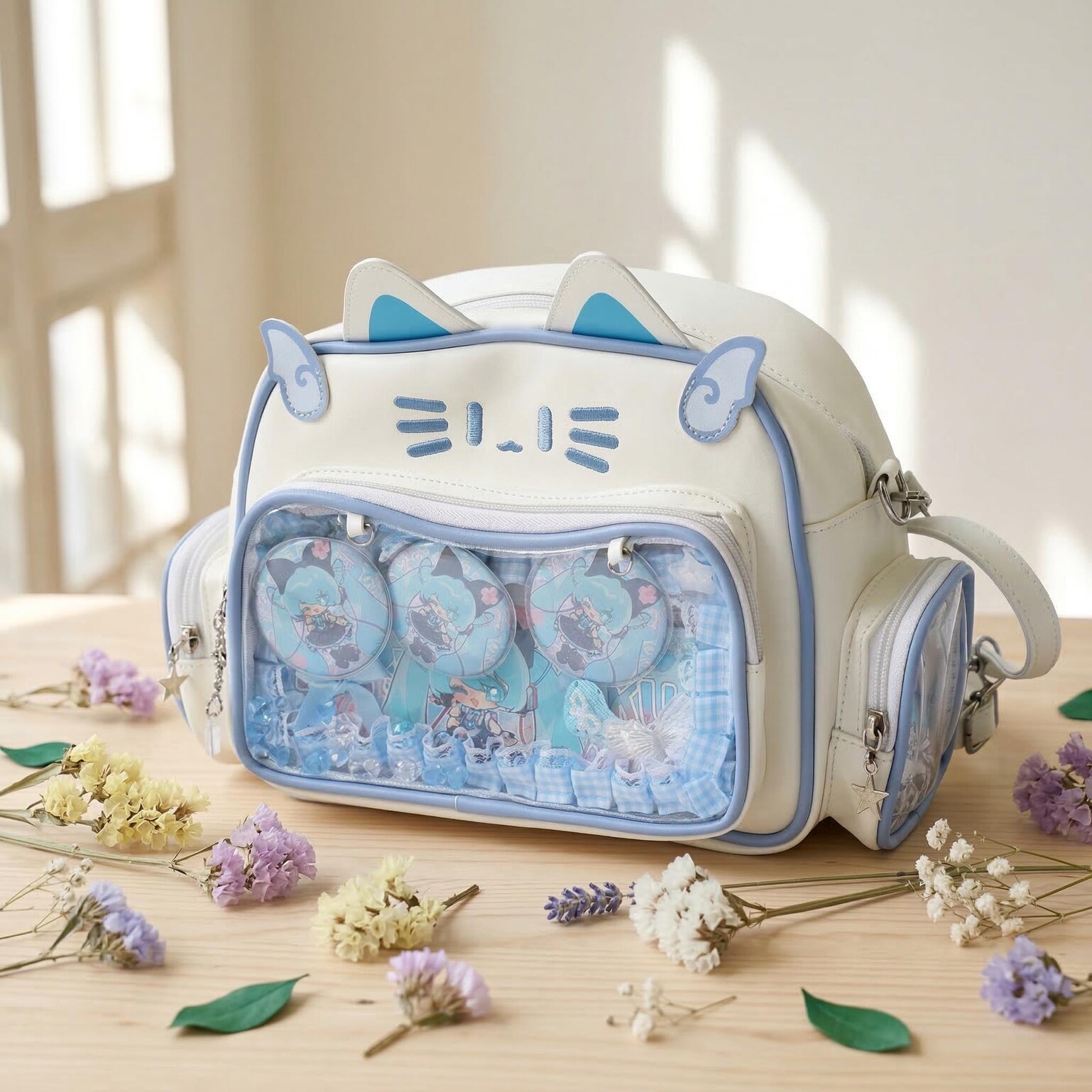 Kawaii Cat Convertible Ita Bag with Clear Window and Included Insert for Plushies and Pins Kawaii Cat Convertible Ita Bag with Clear Window and Included Insert for Plushies and Pins — ita bag insert detail view