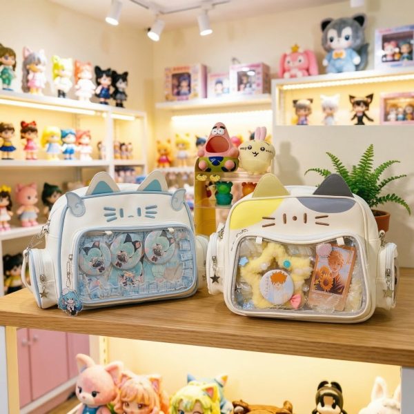 Kawaii Cat Convertible Ita Bag with Clear Window and Included Insert for Plushies and Pins — ita bag insert detail view