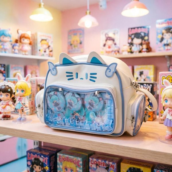 Kawaii Cat Convertible Ita Bag with Clear Window and Included Insert for Plushies and Pins — ita bag insert with clear display window