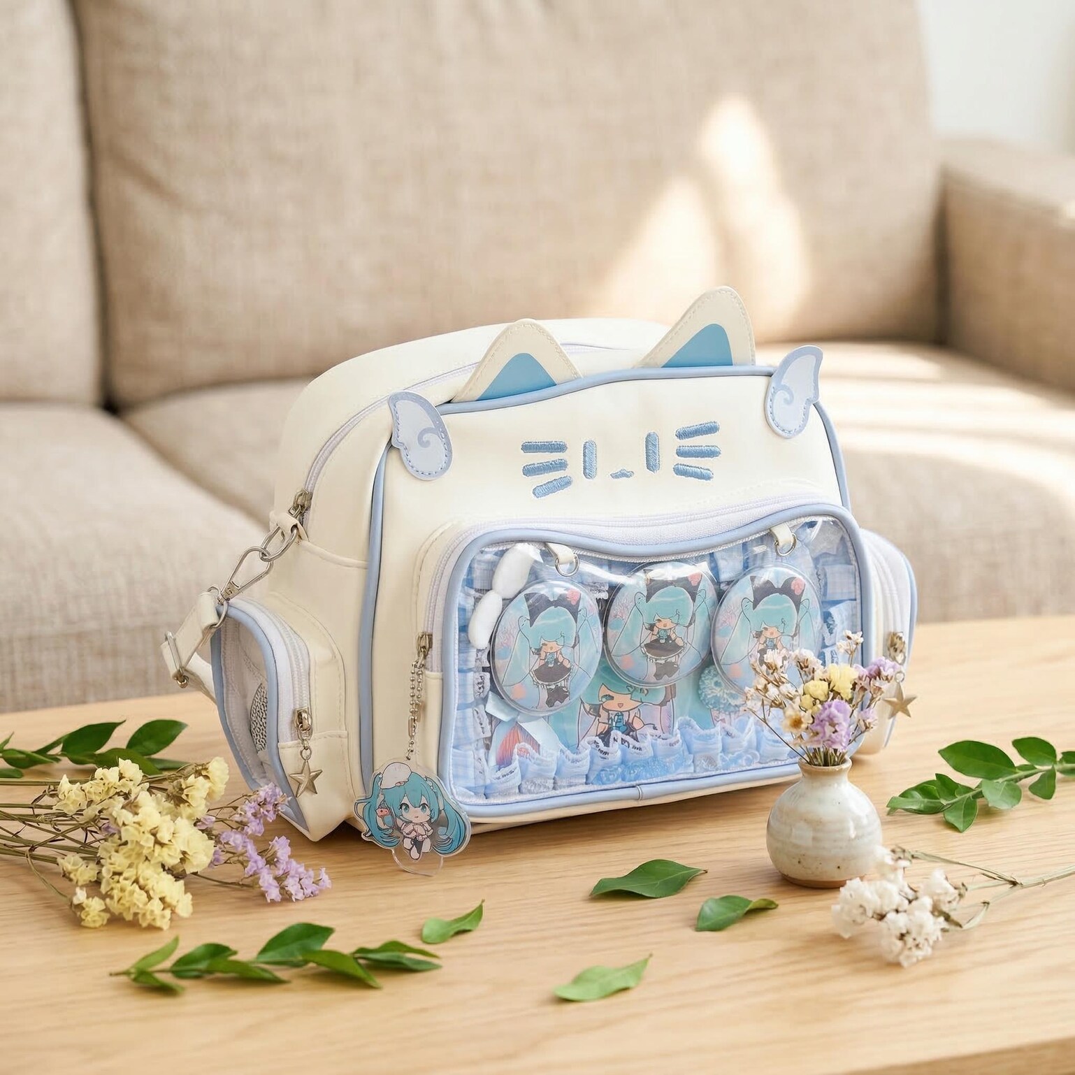 Kawaii Cat Convertible Ita Bag with Clear Window and Included Insert for Plushies and Pins Kawaii Cat Convertible Ita Bag with Clear Window and Included Insert for Plushies and Pins — ita bag insert detail view