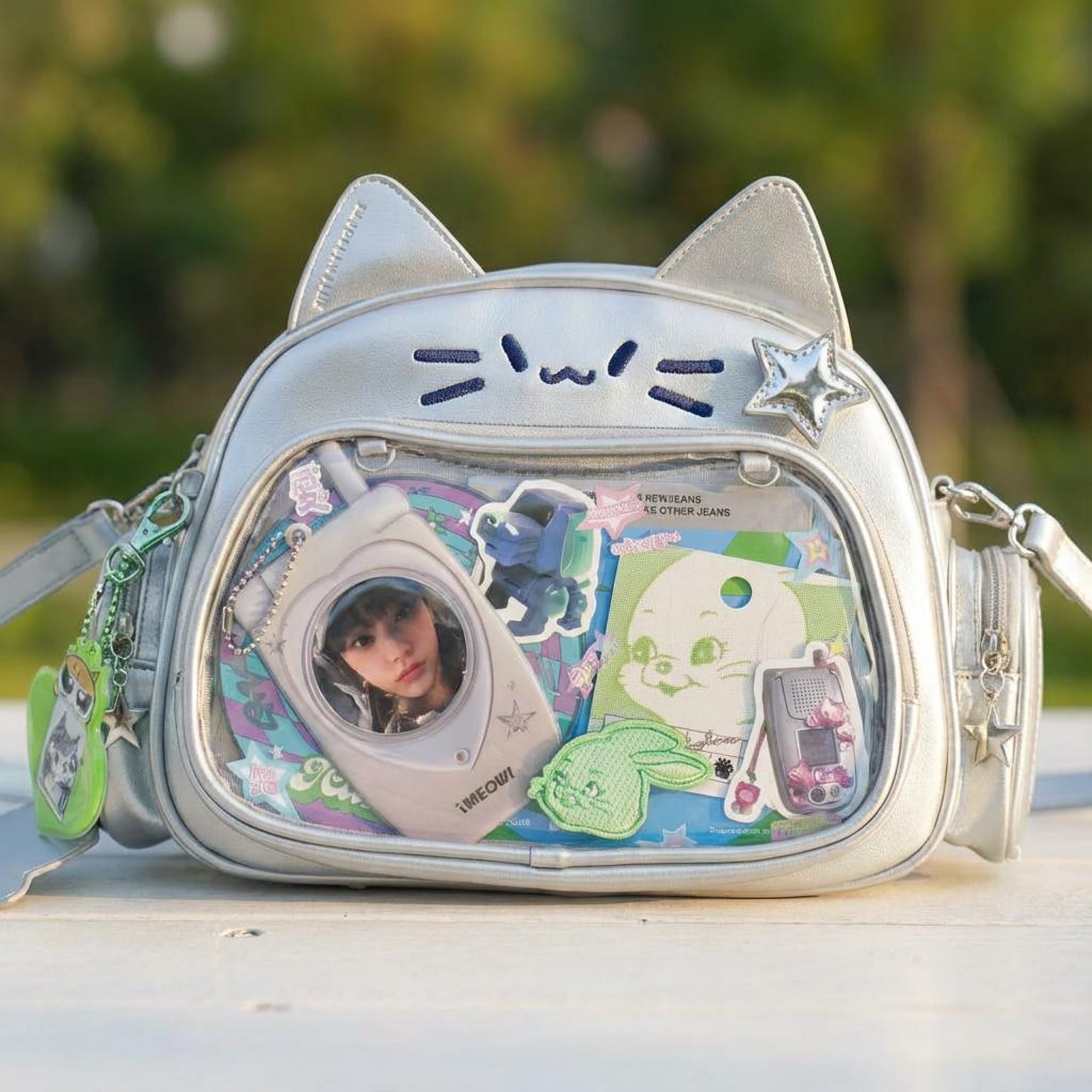 Kawaii Cat Ita Shoulder Bag with Clear Window for Photocards and Pins Kawaii Cat Ita Shoulder Bag with Clear Window for Photocards and Pins — crossbody ita bag detail view