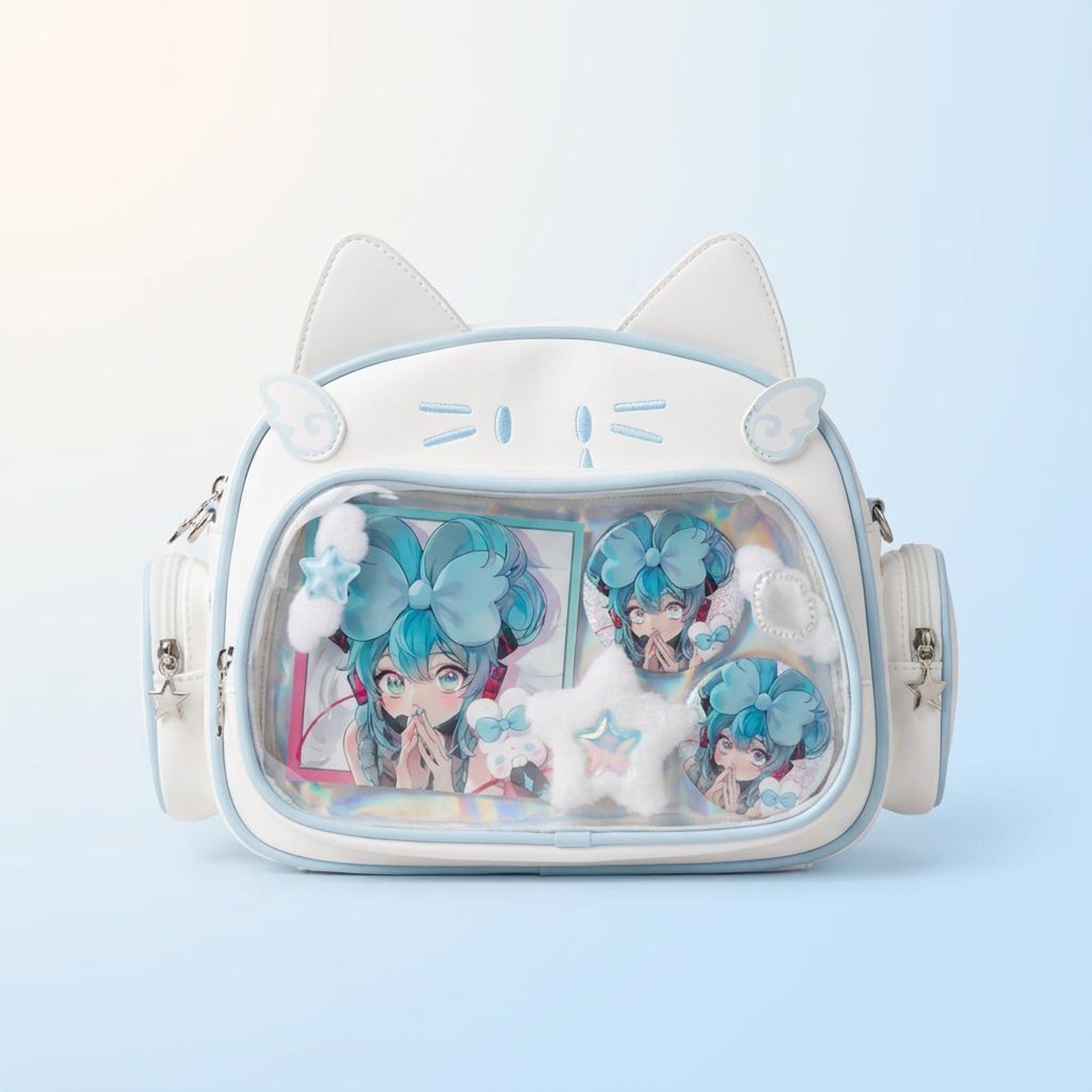 Kawaii Cat Ita Shoulder Bag with Clear Window for Photocards and Pins Kawaii Cat Ita Shoulder Bag with Clear Window for Photocards and Pins — crossbody ita bag detail view