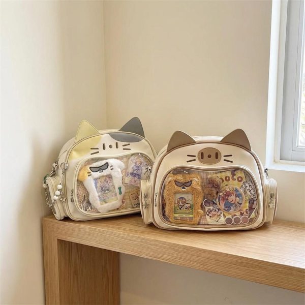 Kawaii Cat Ita Shoulder Bag with Clear Window for Photocards and Pins — crossbody ita bag detail view