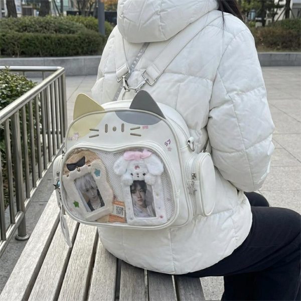 Kawaii Cat Ita Shoulder Bag with Clear Window for Photocards and Pins — crossbody ita bag detail view