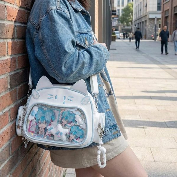 Kawaii Cat Ita Shoulder Bag with Clear Window for Photocards and Pins — crossbody ita bag detail view