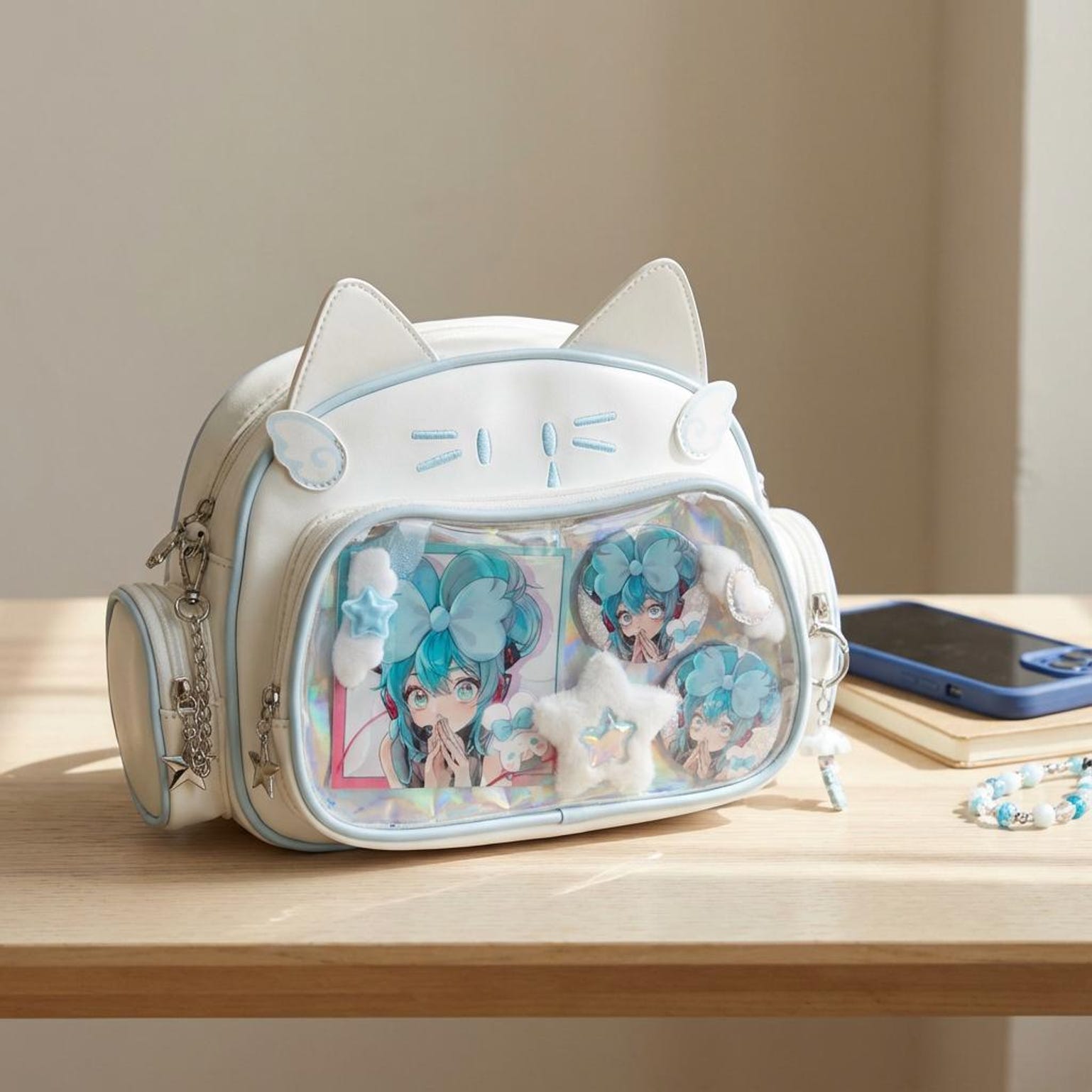 Kawaii Cat Ita Shoulder Bag with Clear Window for Photocards and Pins Kawaii Cat Ita Shoulder Bag with Clear Window for Photocards and Pins — crossbody ita bag detail view